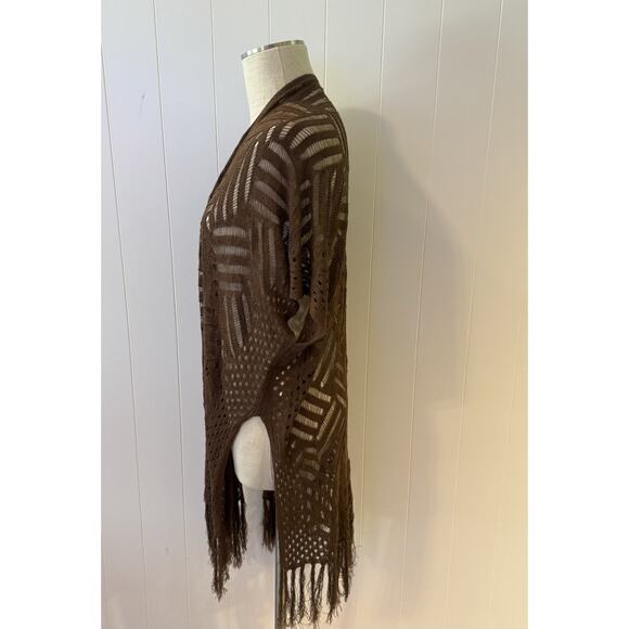 Brown Open Knit Crochet Fringe Kimono Cardigan One Size - Picture 3 of 8